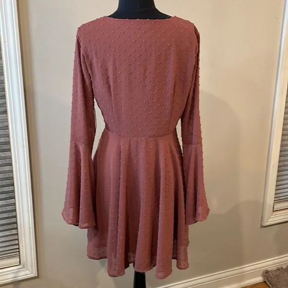 Altar’d State “Gigi” Dress. Chiffon Dots Sheath Dress W/Bell sleeves. Berry - Picture 6 of 12